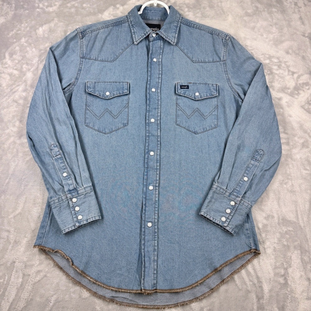WRANGLER Cowboy Cut Western Denim Work Shirt Men M Pearl Snap Raw Hem MS7127D